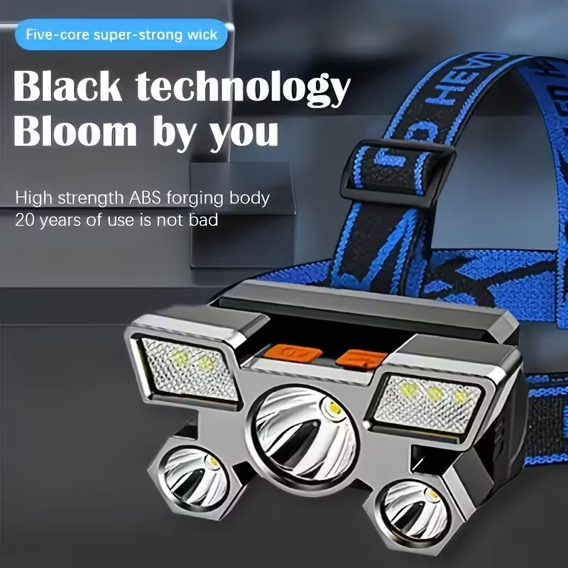 Super Bright Outdoor Headlamp – 5 LED, USB Rechargeable, Lightweight - Front