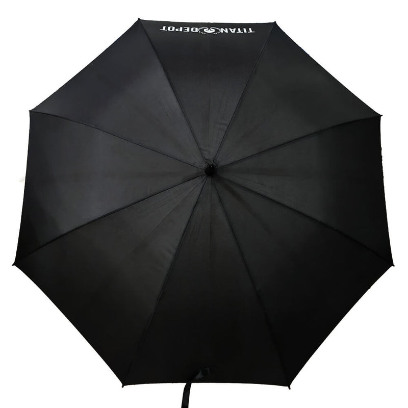 Black umbrella with 'Titan & Depot' branding on a white background