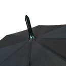 Close-up of a black umbrella with a metallic handle on a white background