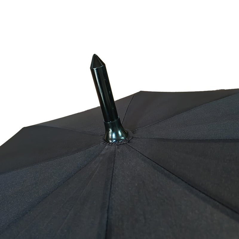Close-up of a black umbrella with a metallic handle on a white background